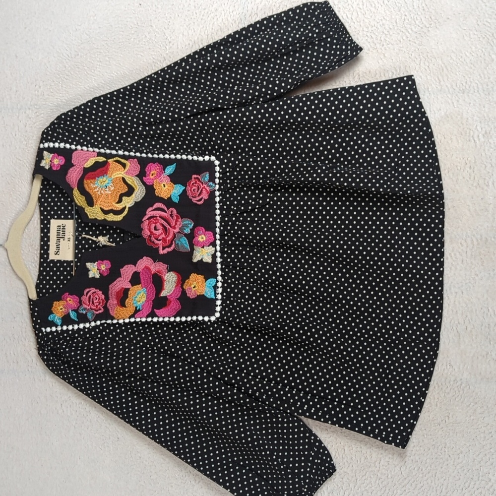 Savanna Jane Women's Polka Dot‎ Floral Embroidery Boho Tunic Size XS